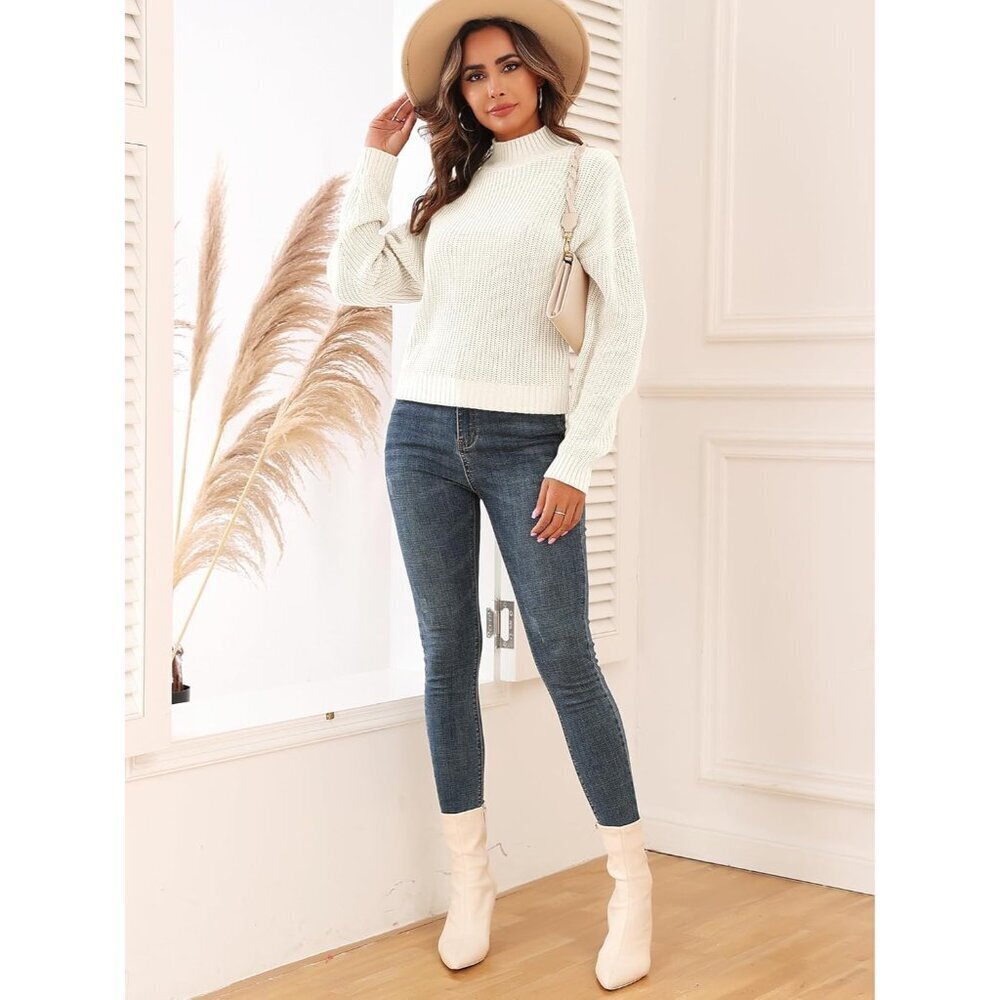 Women's Cropped Turtleneck Sweater Ribbed Knit Lantern Sleeve Pullover L - Picture 5 of 5